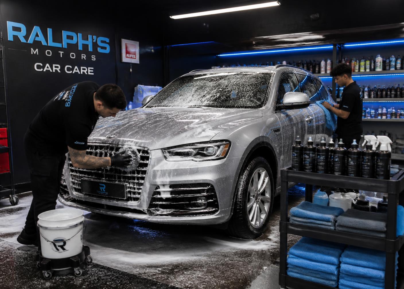 Aplicação de proteção sobre a pintura de um veículo em estúdio de estética automotiva
